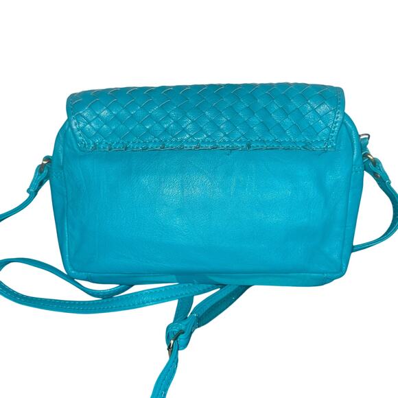 ASOS Turquoise Blue Woven Leather Crossbody Bag Gold Trim Adjustable Strap - Picture 3 of 10